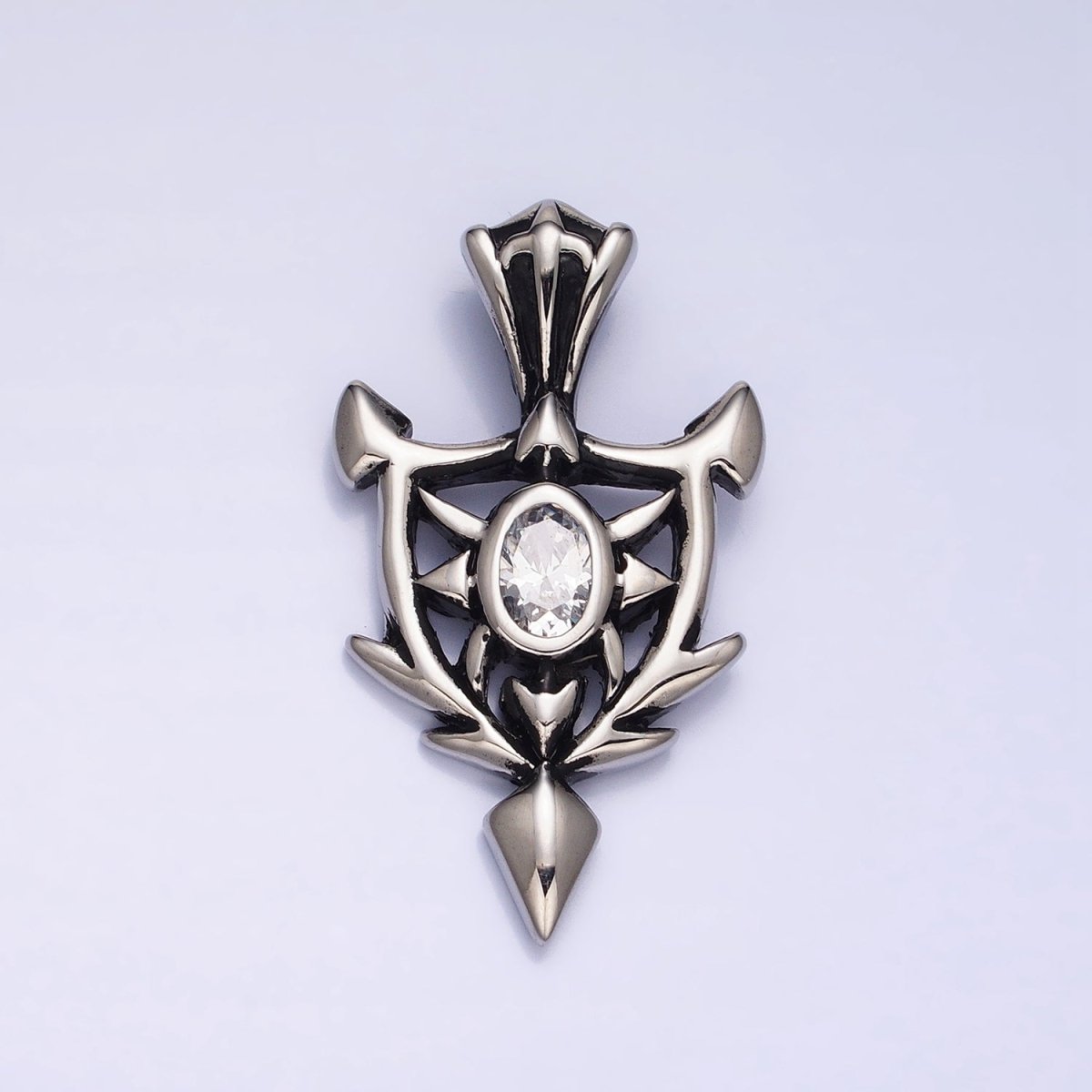 Stainless Steel Clear Oval CZ Sharp Horned Pointed Arrow Crest Shield Pendant in Gold & Silver | P1101 - DLUXCA