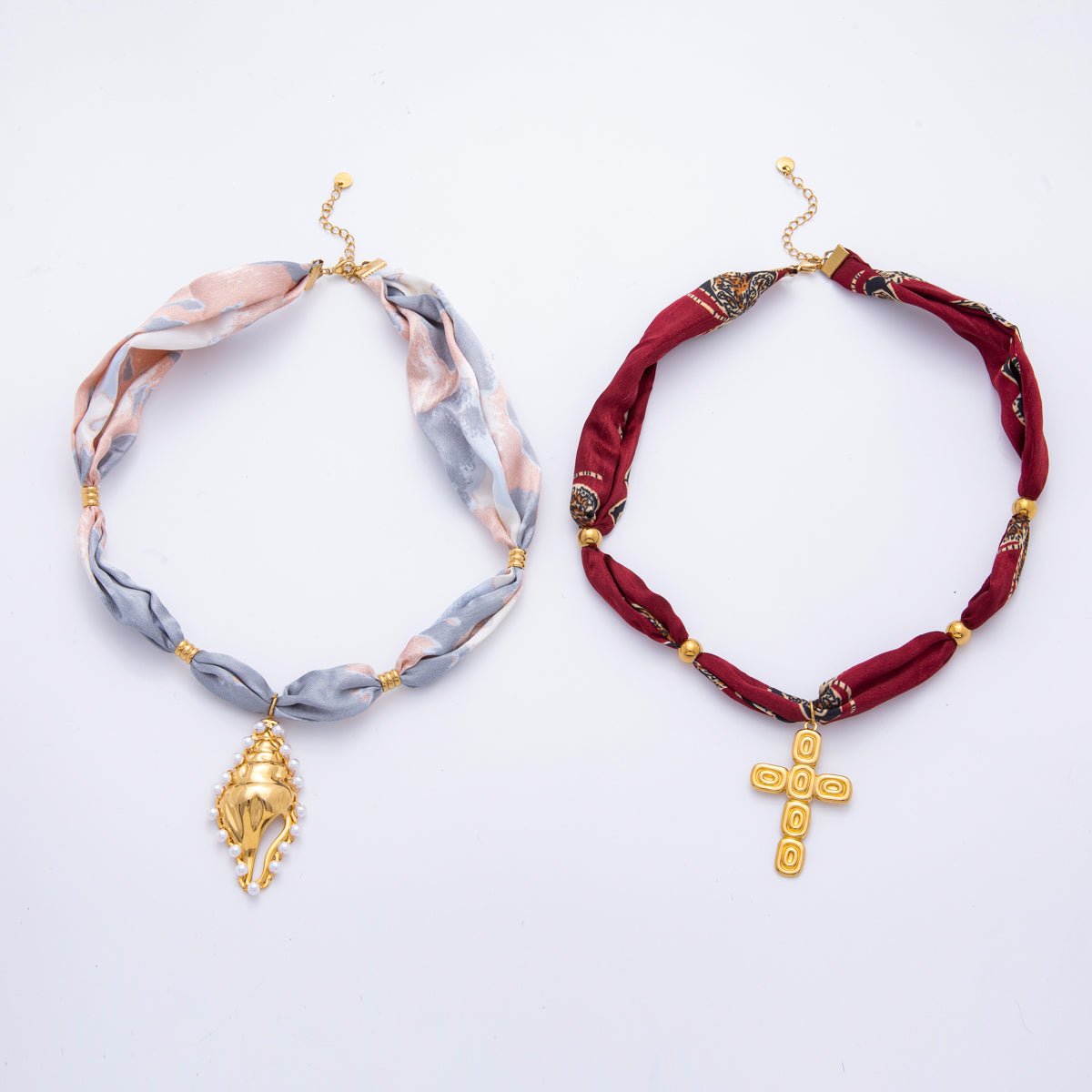 Stainless Steel Conch Sea Shell, Religious Cross Smooth Silk Scarf Handmade Necklace | WA - 3779 WA - 3780 - DLUXCA