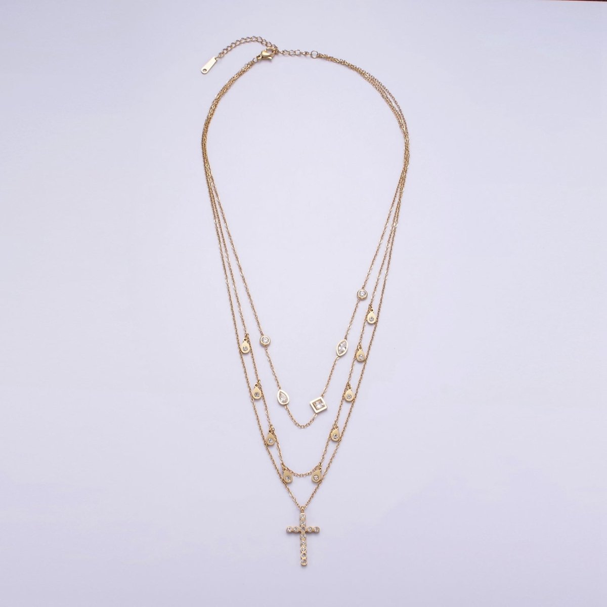 Stainless Steel Cross Geometric CZ Drop Triple Rolo Chain Layering Necklace w. 2 Inch Extender | WA - 2548 - DLUXCA