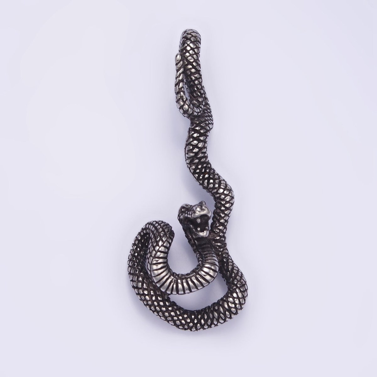 Stainless Steel Curled Serpent Snake Drop Oxidized Silver Pendant | P1466 - DLUXCA