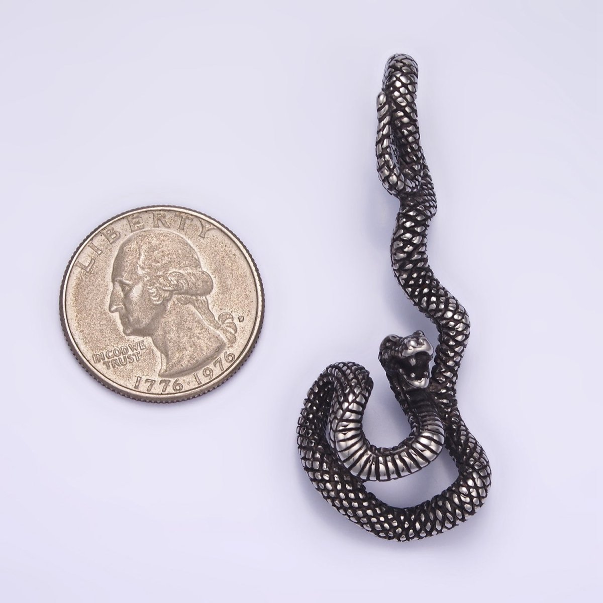 Stainless Steel Curled Serpent Snake Drop Oxidized Silver Pendant | P1466 - DLUXCA