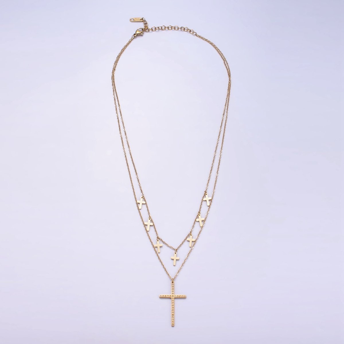 Stainless Steel CZ Dotted Religious Cross Drop Cable Chain Double Layering Necklace | WA - 2547 - DLUXCA