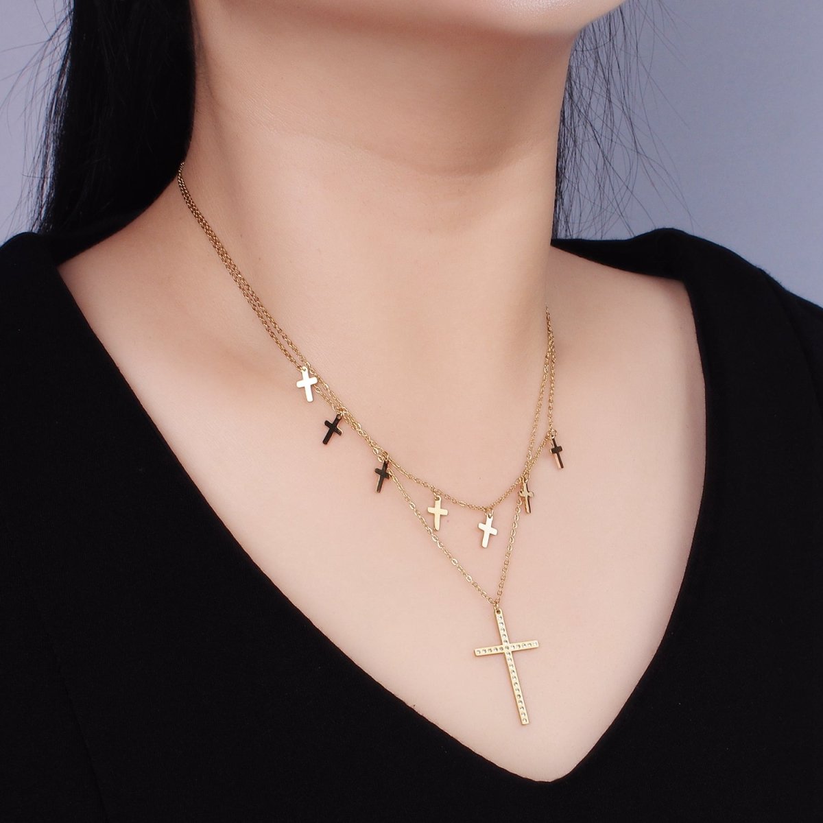 Stainless Steel CZ Dotted Religious Cross Drop Cable Chain Double Layering Necklace | WA - 2547 - DLUXCA