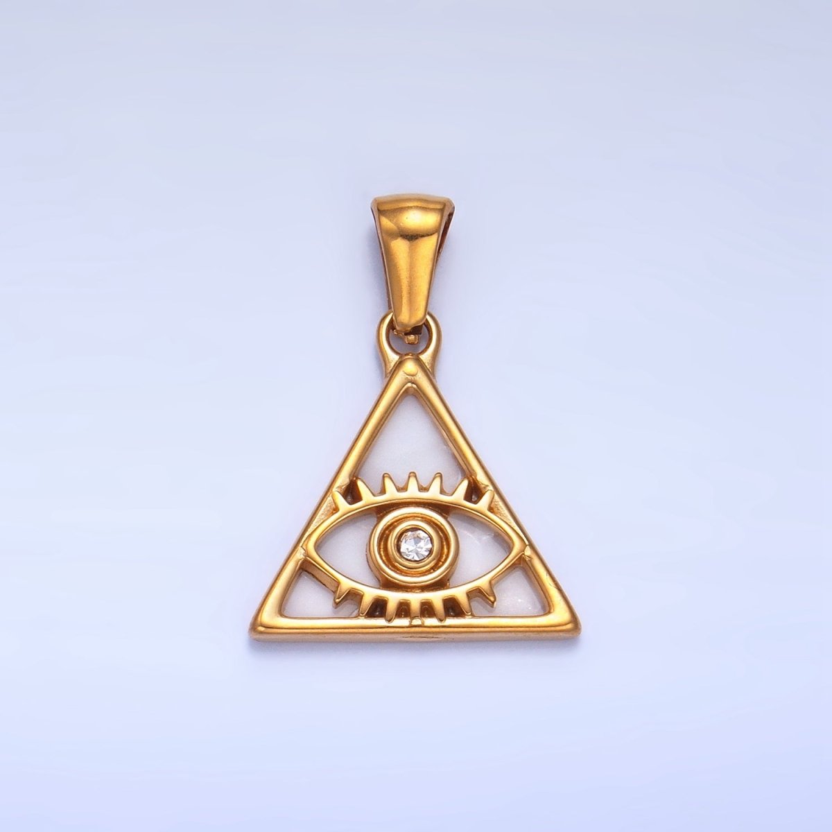 Stainless Steel CZ Evil Eye Shell Pearl Triangle Pendant | P1543 - DLUXCA