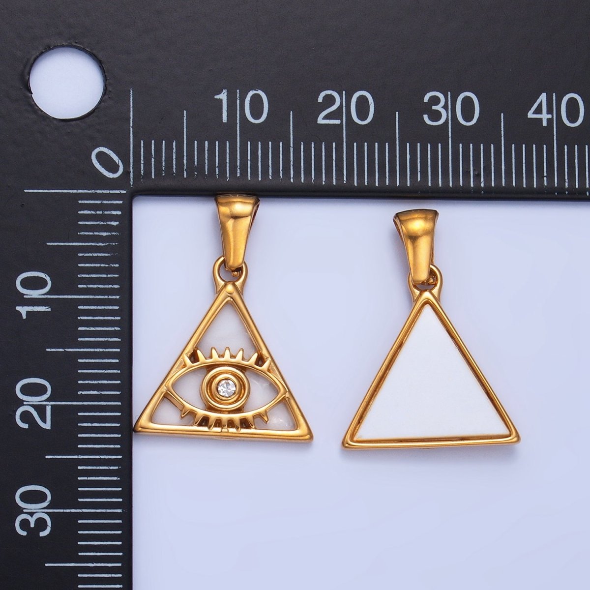 Stainless Steel CZ Evil Eye Shell Pearl Triangle Pendant | P1543 - DLUXCA