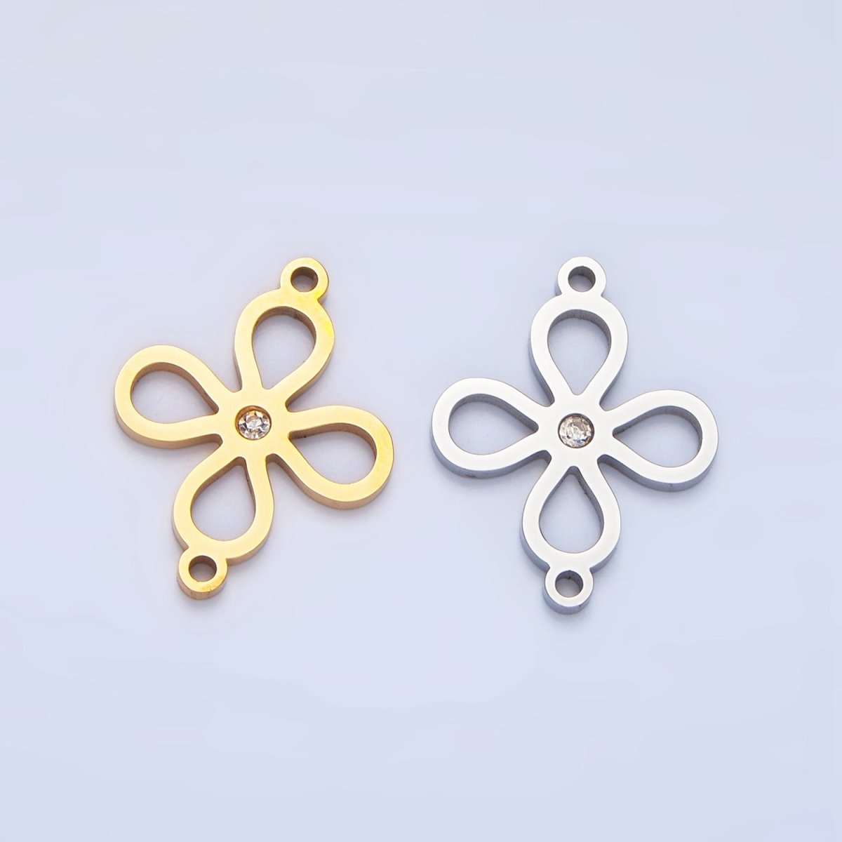 Stainless Steel CZ Lucky Charm Four Leaf Clover Charm Connector in Gold & Silver | F - 412 - DLUXCA