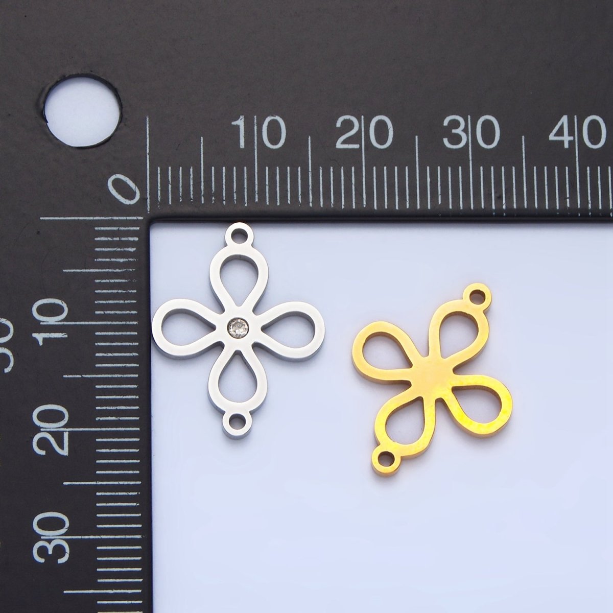 Stainless Steel CZ Lucky Charm Four Leaf Clover Charm Connector in Gold & Silver | F - 412 - DLUXCA