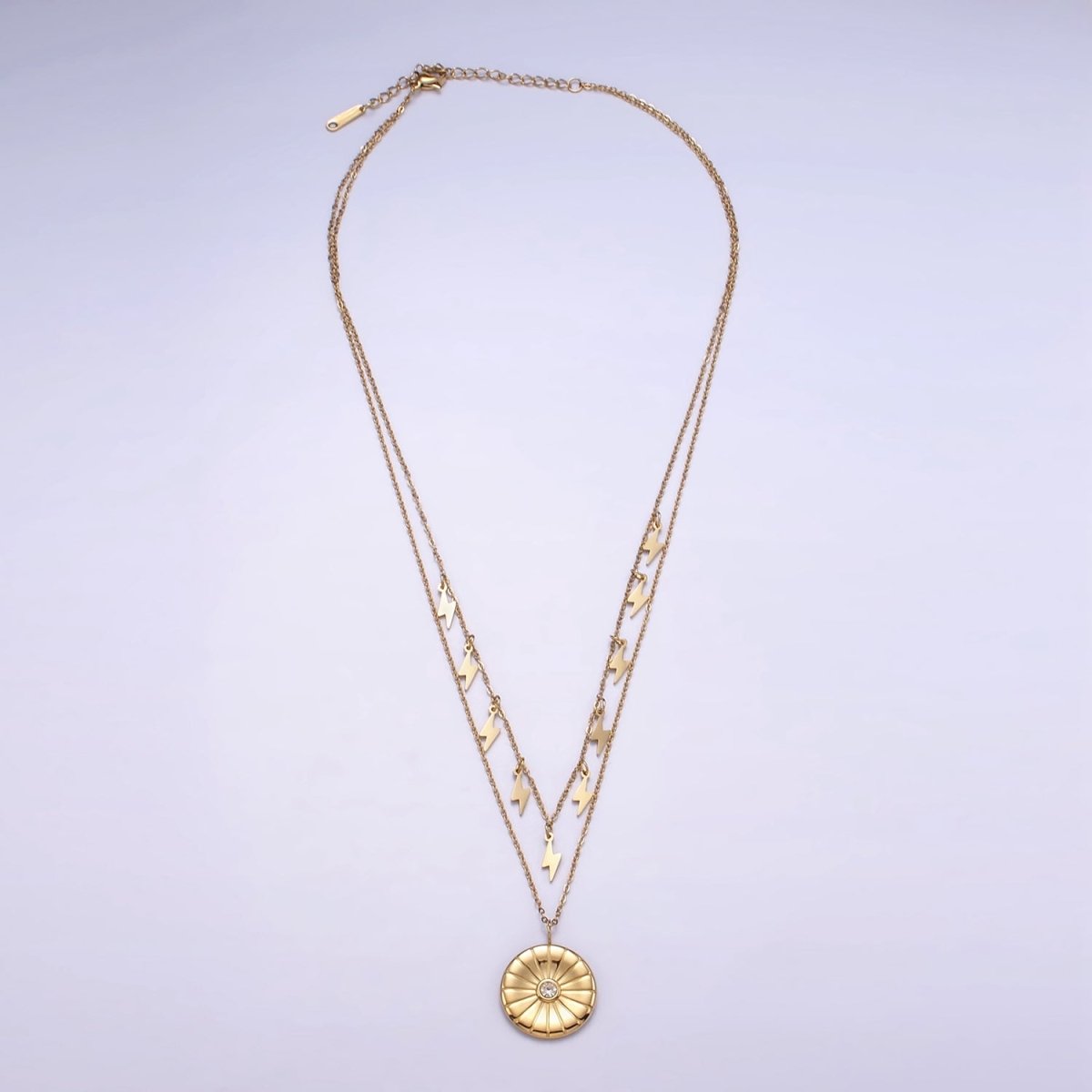 Stainless Steel CZ Round Lightning Bolt Cable Chain Double Layering Necklace | WA - 2541 - DLUXCA