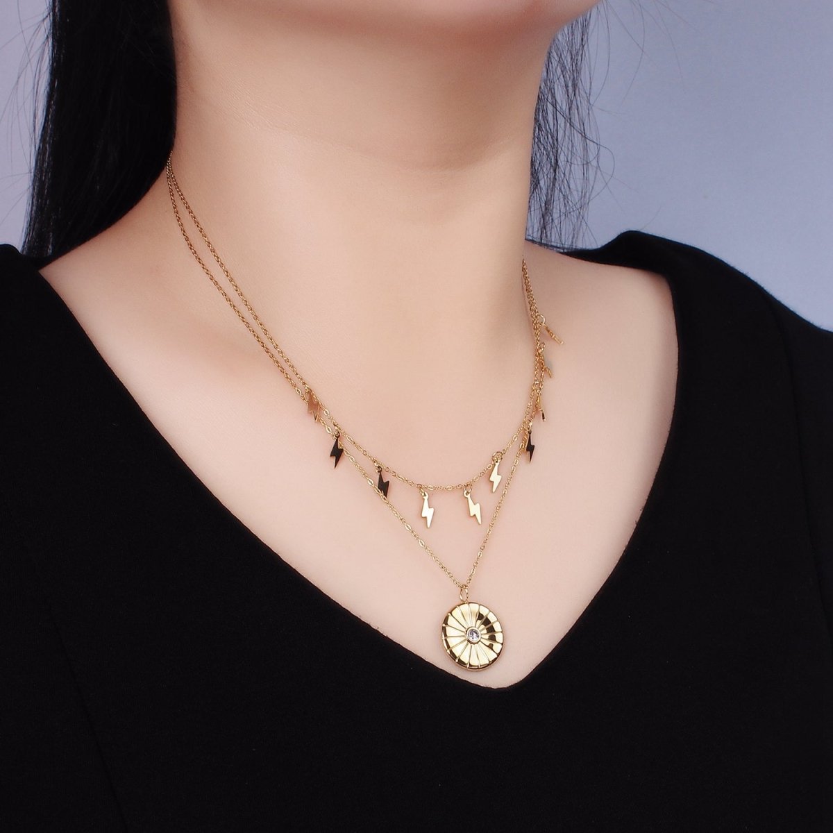 Stainless Steel CZ Round Lightning Bolt Cable Chain Double Layering Necklace | WA - 2541 - DLUXCA