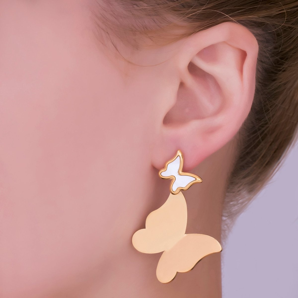 Stainless Steel Double Butterfly Stud Earrings in Gold & Silver | AJ004 AJ005 - DLUXCA