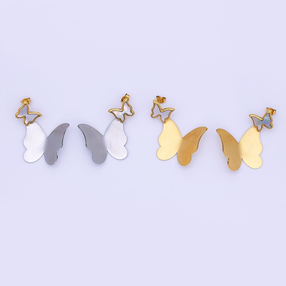 Stainless Steel Double Butterfly Stud Earrings in Gold & Silver | AJ004 AJ005 - DLUXCA