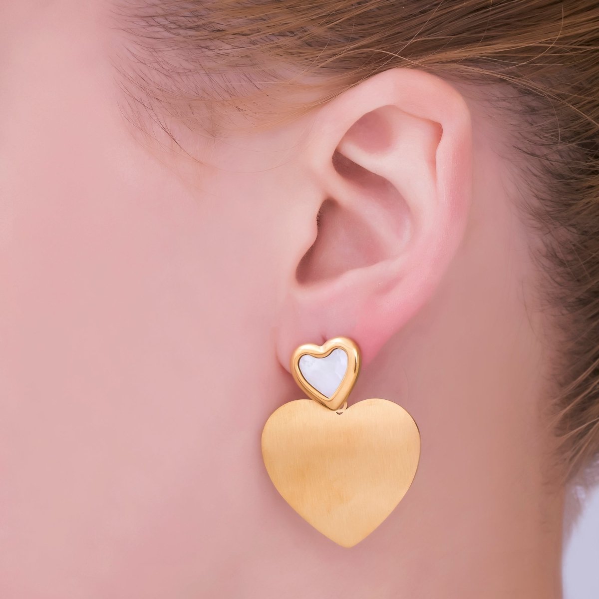 Stainless Steel Double Heart Mixed Metal Drop Stud Earrings in Gold & Silver | AJ017 AJ018 - DLUXCA