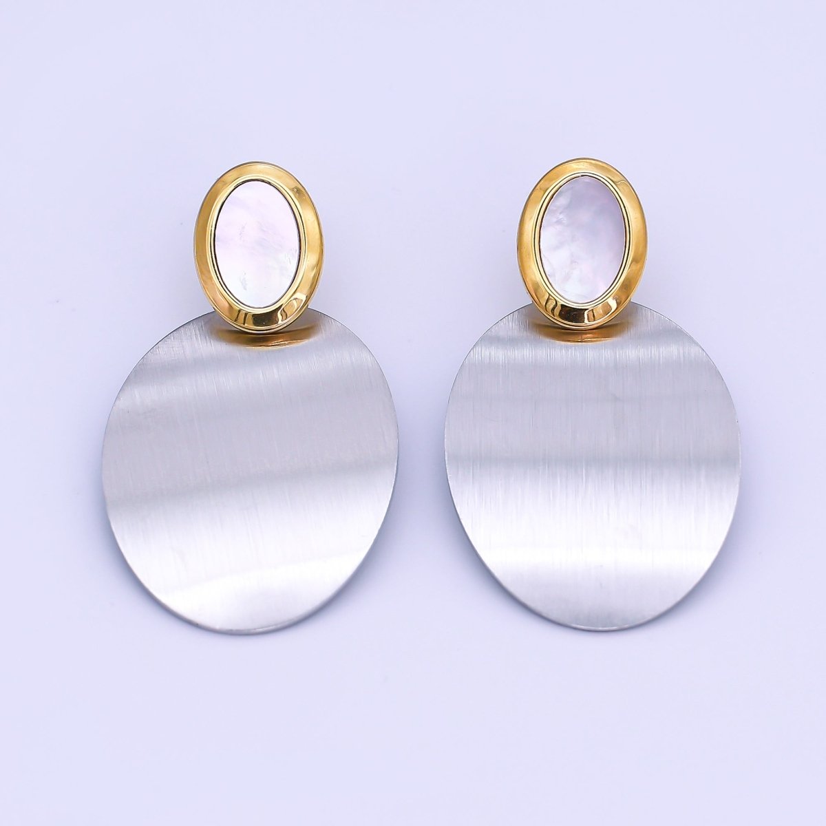 Stainless Steel Double Oval Mixed Metal Drop Stud Earrings in Gold & Silver | AJ014 AJ015 - DLUXCA