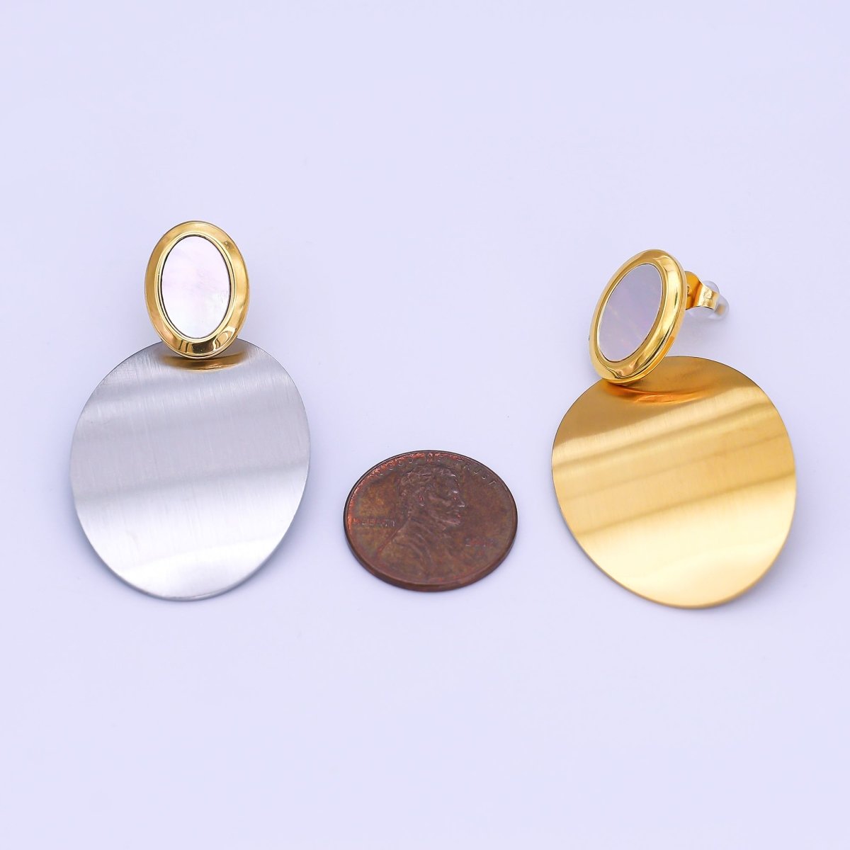 Stainless Steel Double Oval Mixed Metal Drop Stud Earrings in Gold & Silver | AJ014 AJ015 - DLUXCA