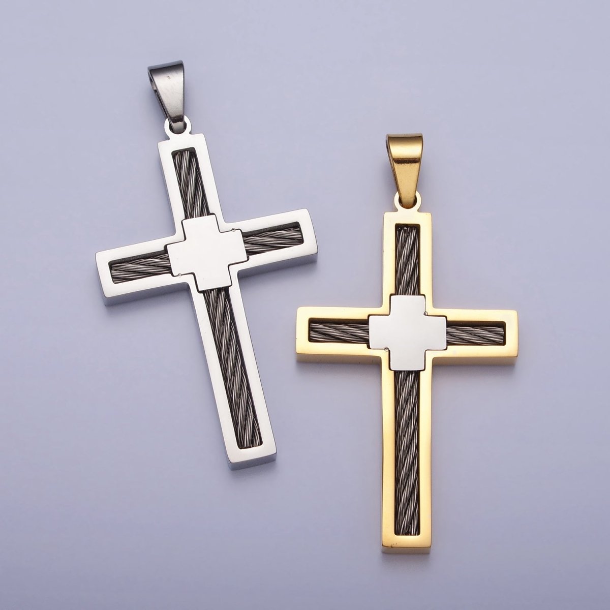 Stainless Steel Double Sided Cross Rope Textured Religious Pendant in Gold & Silver | P - 1093 P - 1094 - DLUXCA