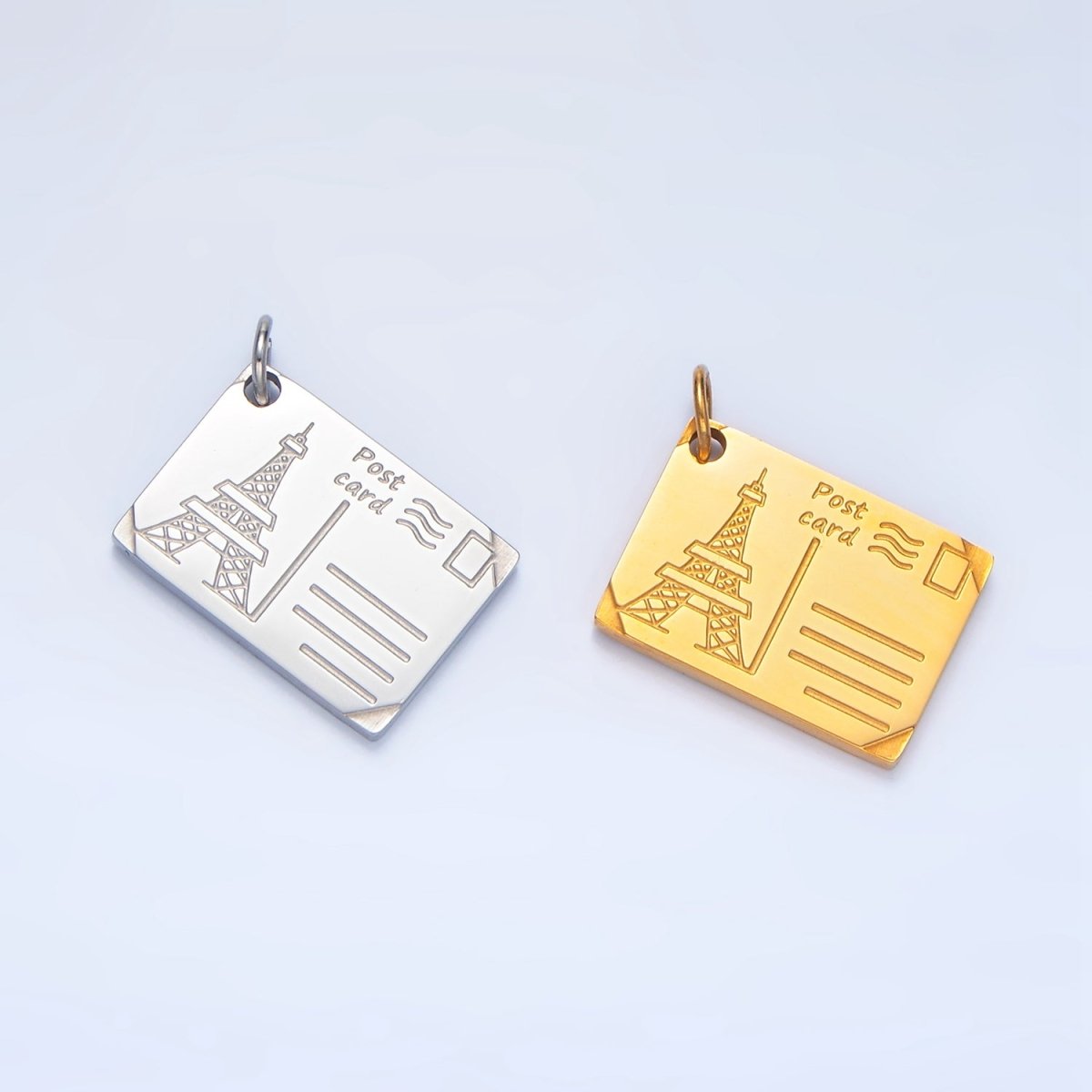 Stainless Steel Eiffel Tower Paris Engraved Post Card Charm in Gold & Silver | P1229 - DLUXCA