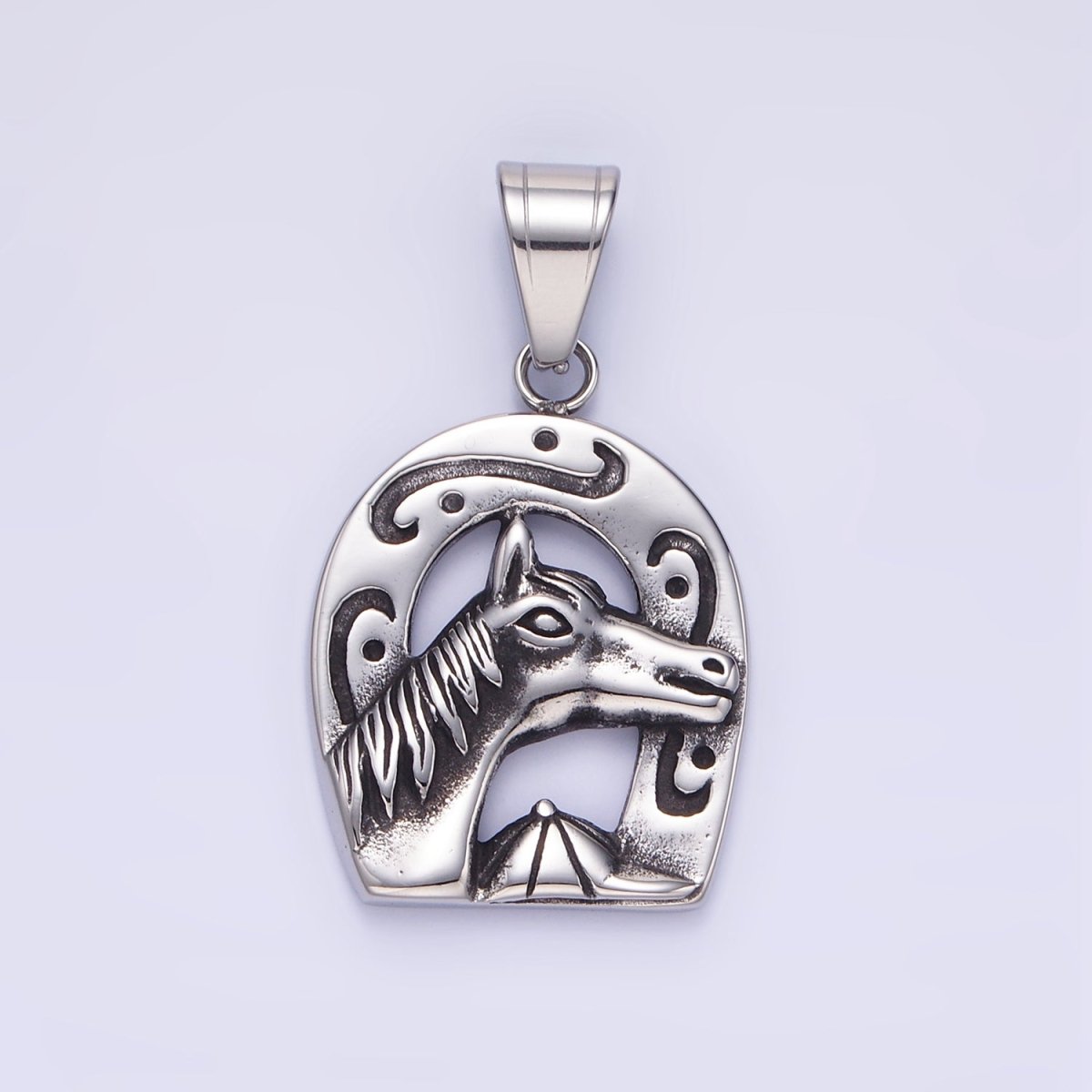 Stainless Steel Engraved Horse Shoe Oxidized Silver Pendant | P1454 - DLUXCA