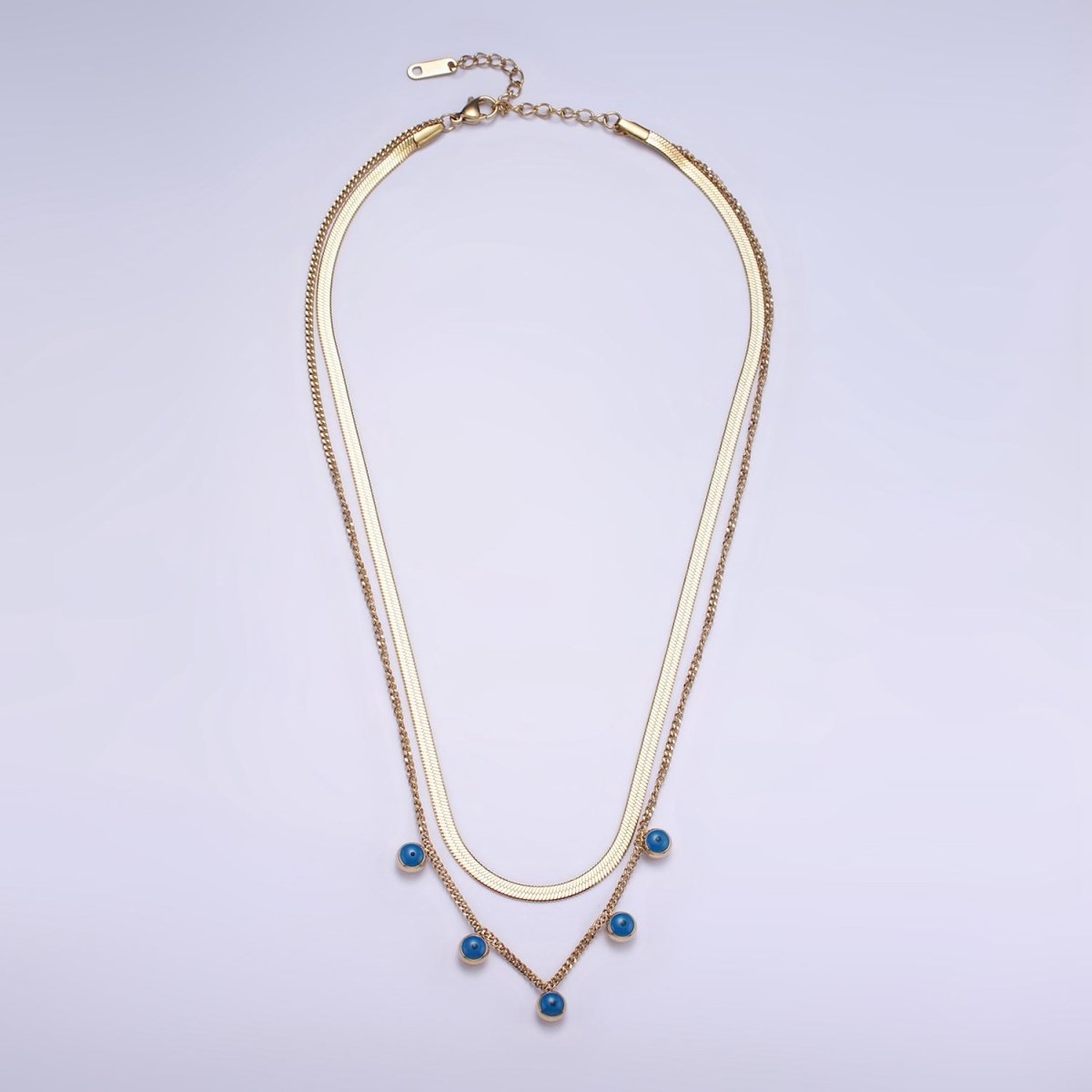 Stainless Steel Evil Eye Drop Curb Herringbone Chain Double Layering Necklace | WA - 2545 - DLUXCA