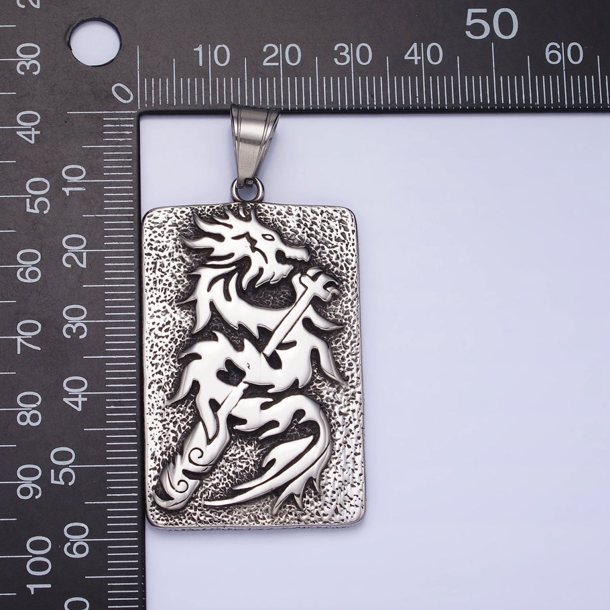 Stainless Steel Flamed Dragon Textured Rectangular Tag Silver, Gold Pendant | P1141 - DLUXCA