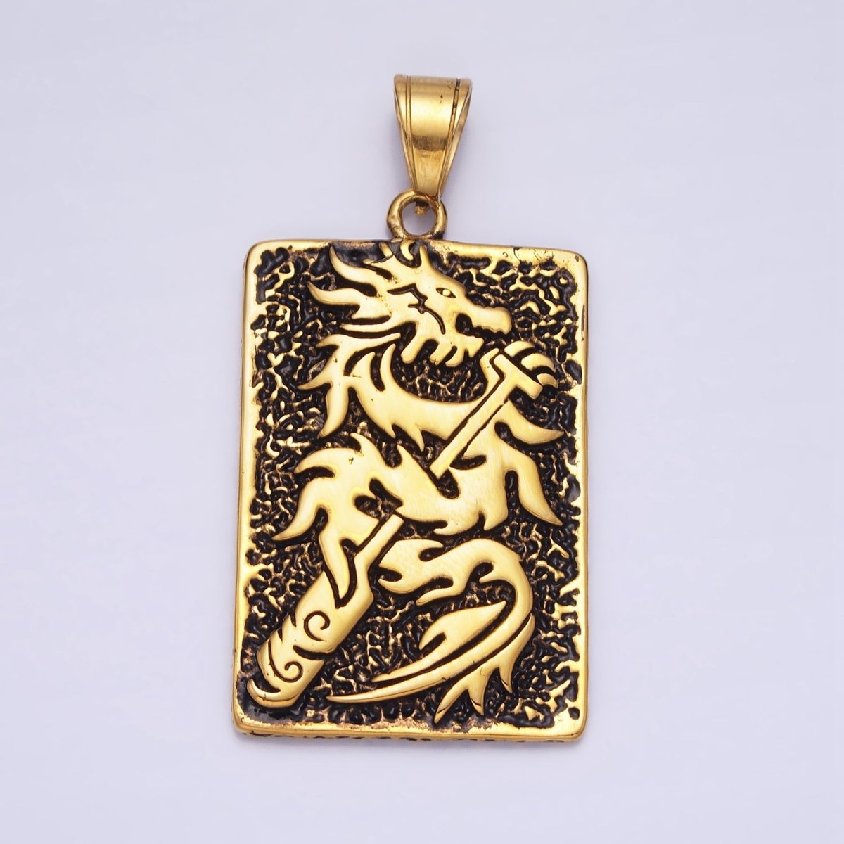 Stainless Steel Flamed Dragon Textured Rectangular Tag Silver, Gold Pendant | P1141 - DLUXCA