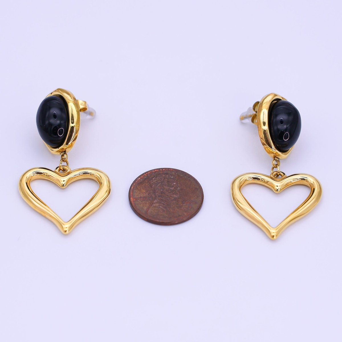 Stainless Steel Gemstone Cabochon Open Heart Drop Stud Earrings | AI534 - DLUXCA