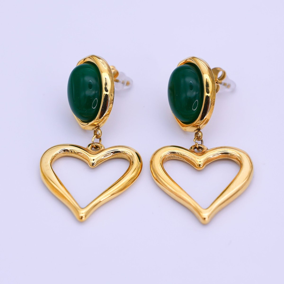 Stainless Steel Gemstone Cabochon Open Heart Drop Stud Earrings | AI534 - DLUXCA