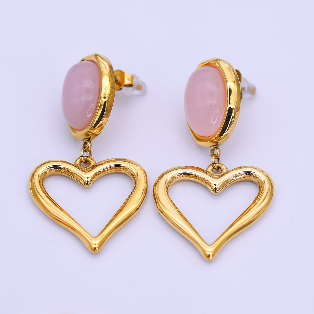 Stainless Steel Gemstone Cabochon Open Heart Drop Stud Earrings | AI534 - DLUXCA