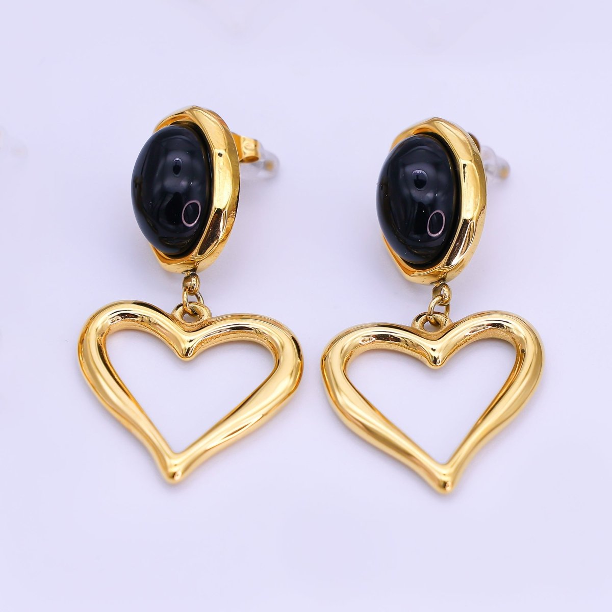 Stainless Steel Gemstone Cabochon Open Heart Drop Stud Earrings | AI534 - DLUXCA