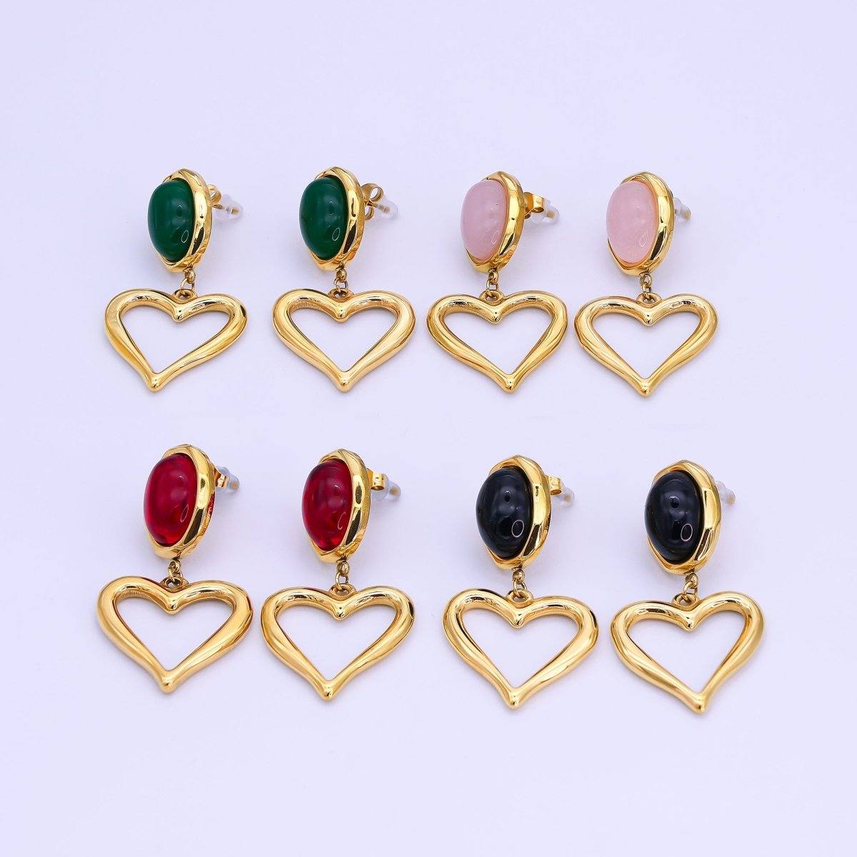 Stainless Steel Gemstone Cabochon Open Heart Drop Stud Earrings | AI534 - DLUXCA