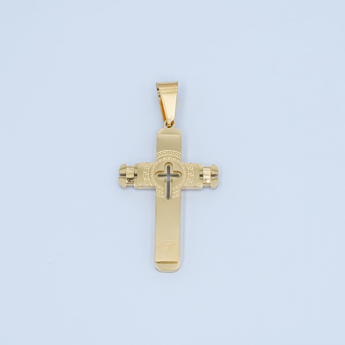 Stainless Steel Geometric Engraved Cross Pendant in Gold & Silver | P838 - DLUXCA