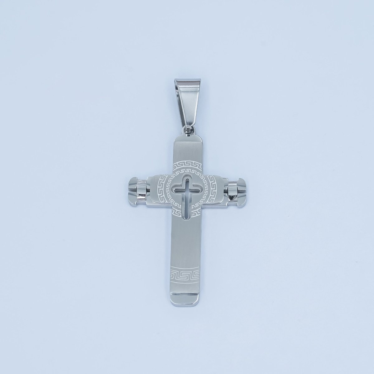 Stainless Steel Geometric Engraved Cross Pendant in Gold & Silver | P838 - DLUXCA