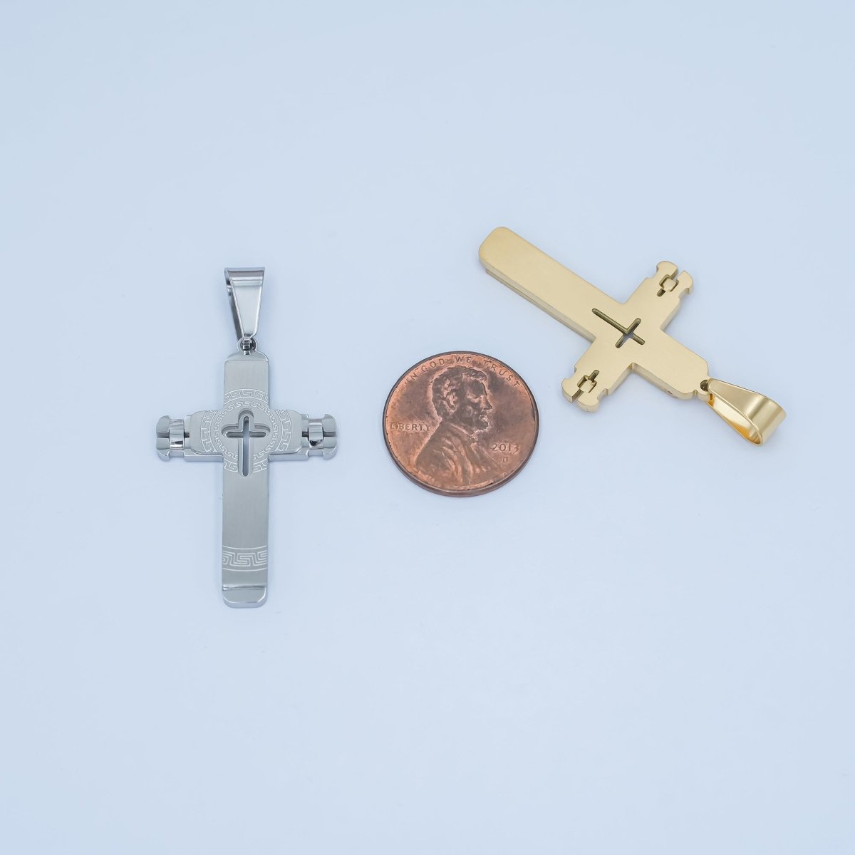 Stainless Steel Geometric Engraved Cross Pendant in Gold & Silver | P838 - DLUXCA