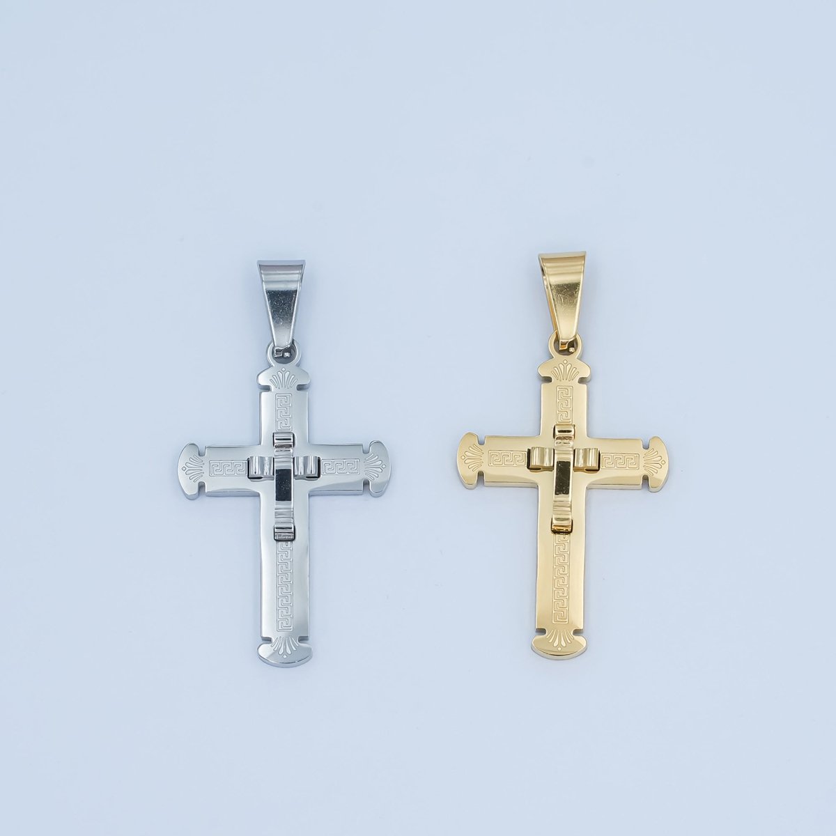 Stainless Steel Geometric Engraved Double Cross Pendant in Gold & Silver | P626 - DLUXCA