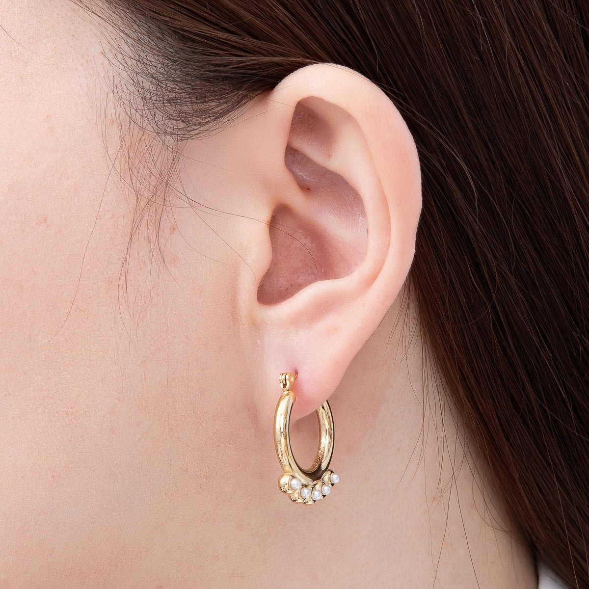 Stainless Steel Gold PVD 23mm Shell Pearl Gemstone Round Drop Latch Hoop Earrings | Earrings-00750 - DLUXCA