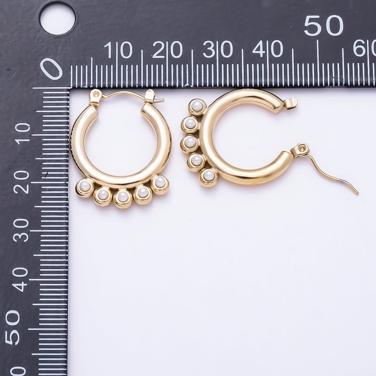 Stainless Steel Gold PVD 23mm Shell Pearl Gemstone Round Drop Latch Hoop Earrings | Earrings-00750 - DLUXCA