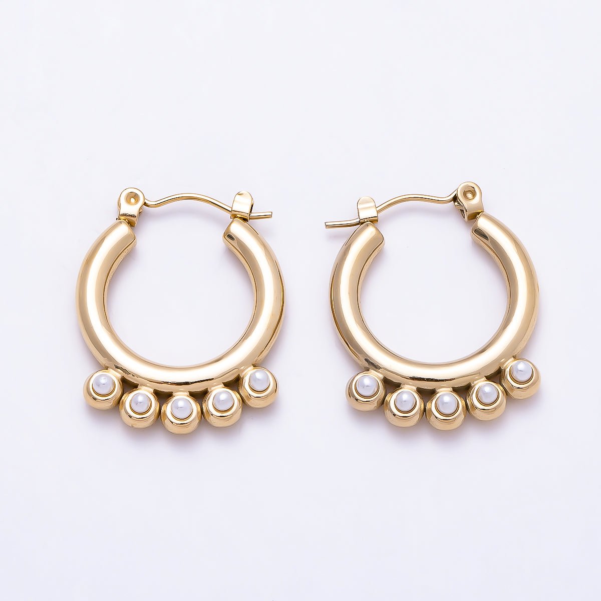 Stainless Steel Gold PVD 23mm Shell Pearl Gemstone Round Drop Latch Hoop Earrings | Earrings-00750 - DLUXCA