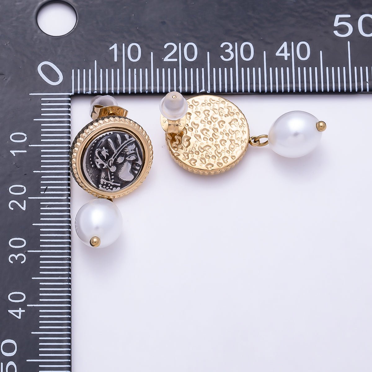 Stainless Steel Gold PVD 28.5mm Shell Pearl Cameo Portrait Bezel Round Drop Stud | Earrings-00730 - DLUXCA
