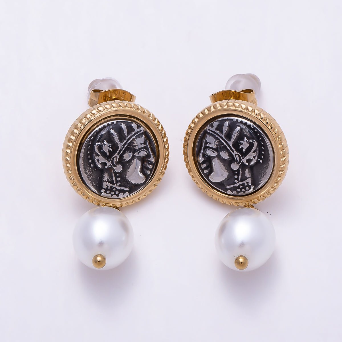Stainless Steel Gold PVD 28.5mm Shell Pearl Cameo Portrait Bezel Round Drop Stud | Earrings-00730 - DLUXCA