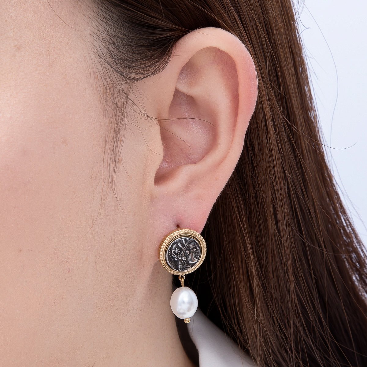 Stainless Steel Gold PVD 28.5mm Shell Pearl Cameo Portrait Bezel Round Drop Stud | Earrings-00730 - DLUXCA