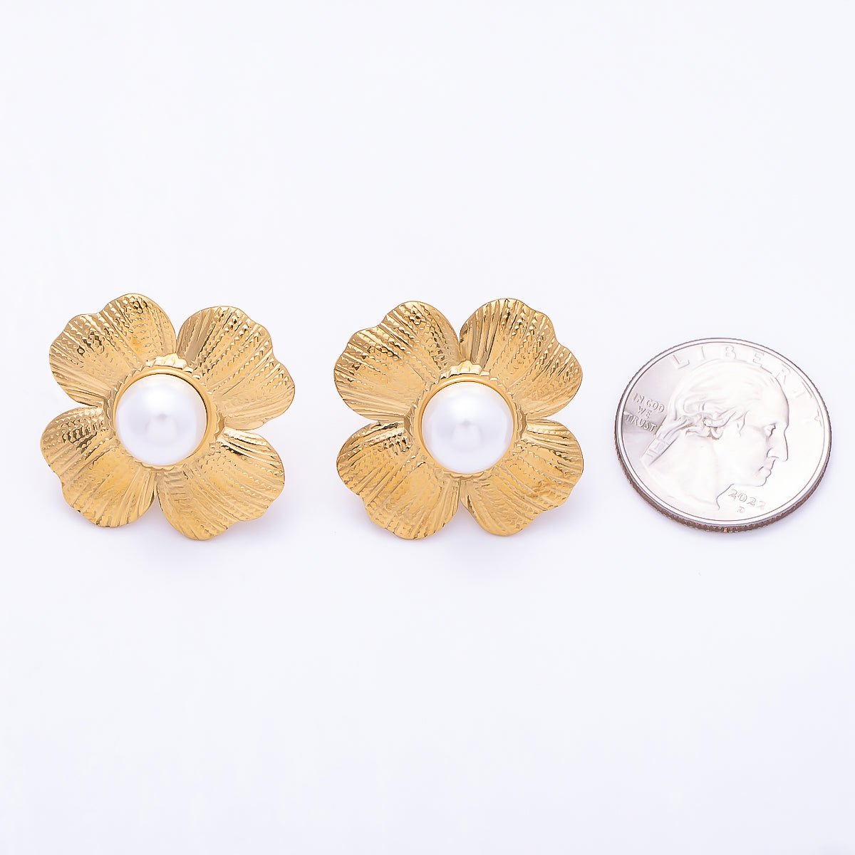 Stainless Steel Gold PVD 30mm Shell Pearl Dotted Textured Flower Stud | Earrings-00733 - DLUXCA