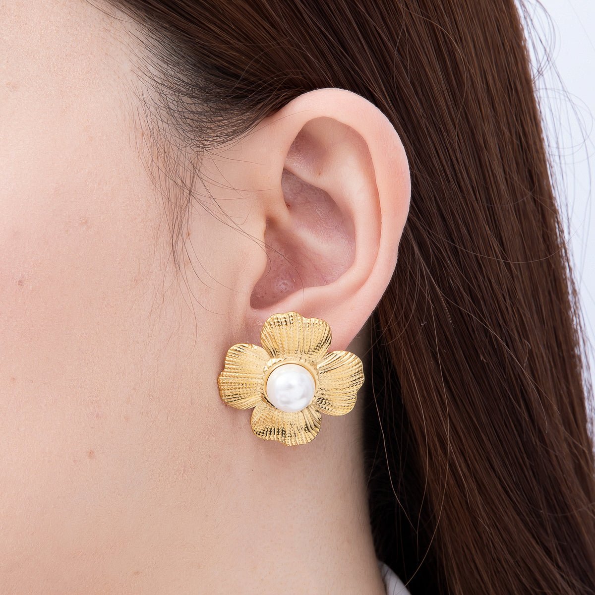 Stainless Steel Gold PVD 30mm Shell Pearl Dotted Textured Flower Stud | Earrings-00733 - DLUXCA