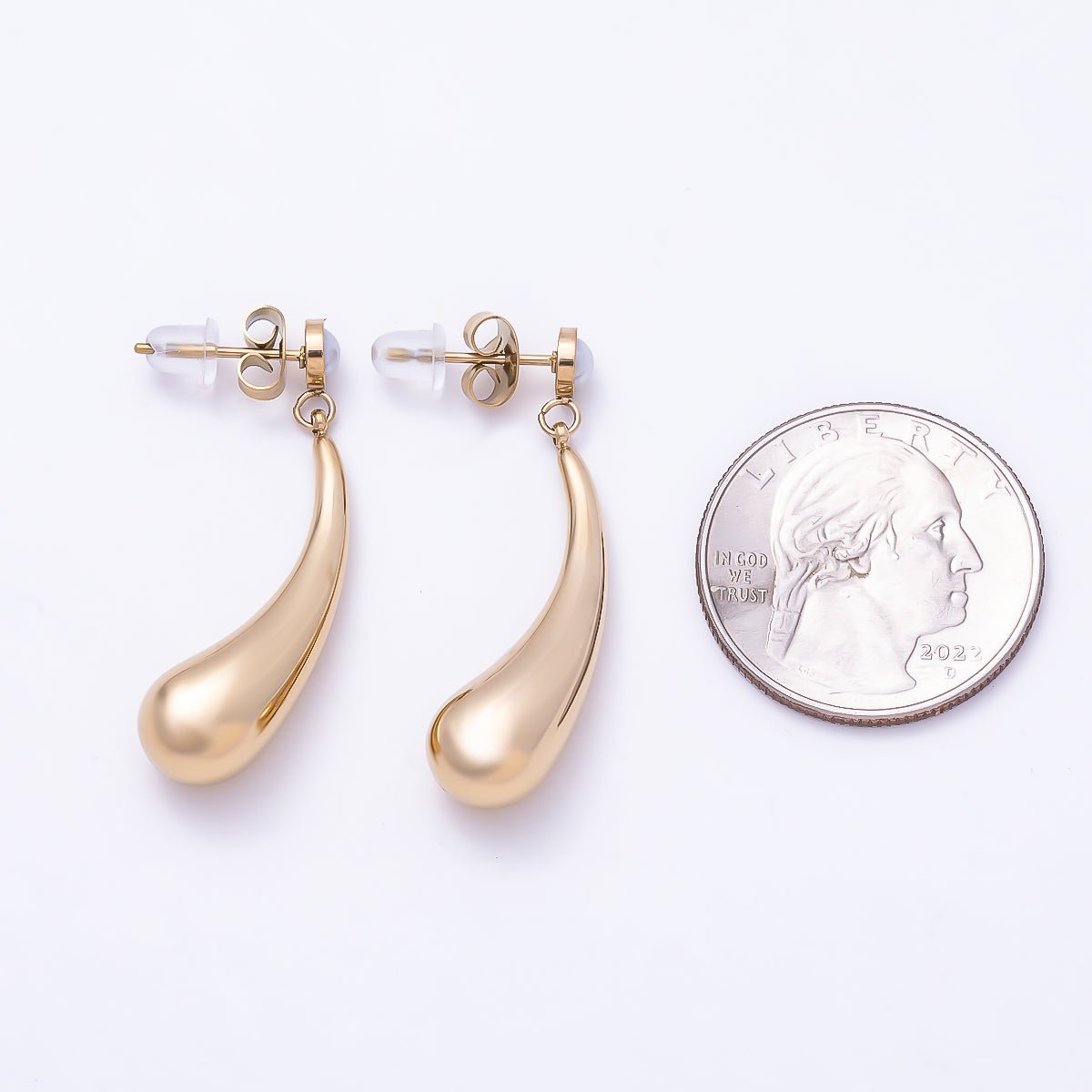 Stainless Steel Gold PVD 30mm Shell Pearl Molten Curved Teardrop Drop Stud | Earrings-00748 - DLUXCA