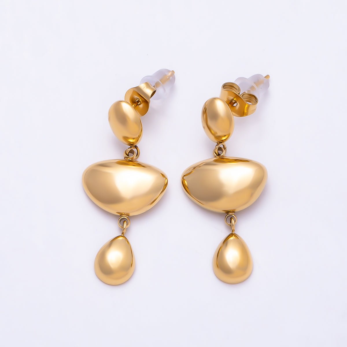 Stainless Steel Gold PVD 30mm Triple Molten Geometric Drop Stud Earrings | Earrings-00741 - DLUXCA