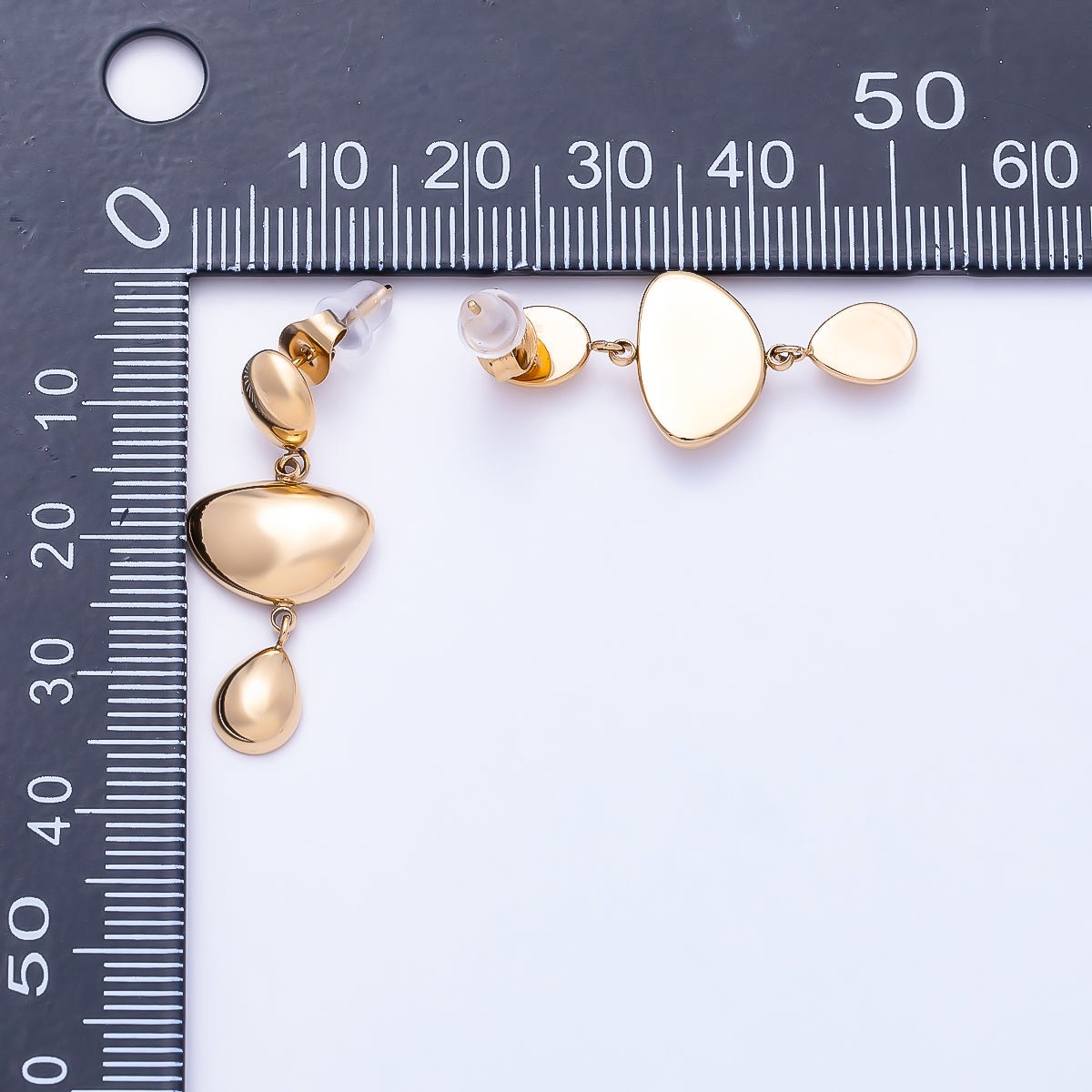 Stainless Steel Gold PVD 30mm Triple Molten Geometric Drop Stud Earrings | Earrings-00741 - DLUXCA