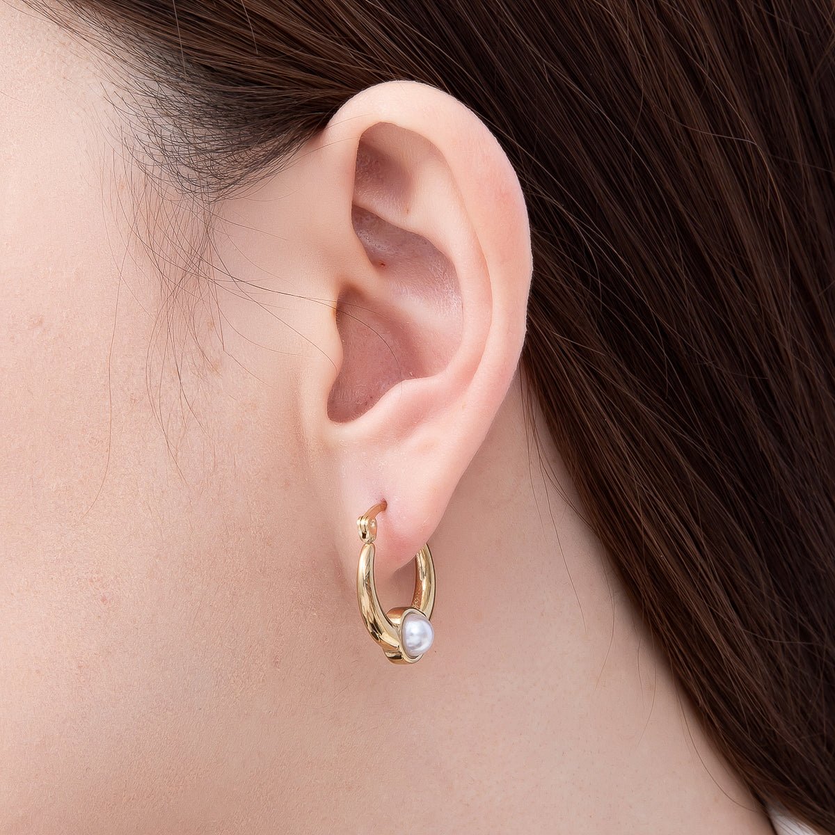 Stainless Steel Gold PVD 37mm Shell Pearl Gemstone Latch Hoop Earrings | Earrings-00749 - DLUXCA