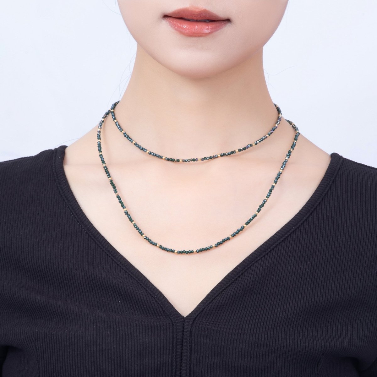 Stainless Steel Gold PVD 3mm Multifaceted Bead Crystal Gemstone Chain 34 Inch Necklace | WA-00029 ~ WA-00069 - DLUXCA
