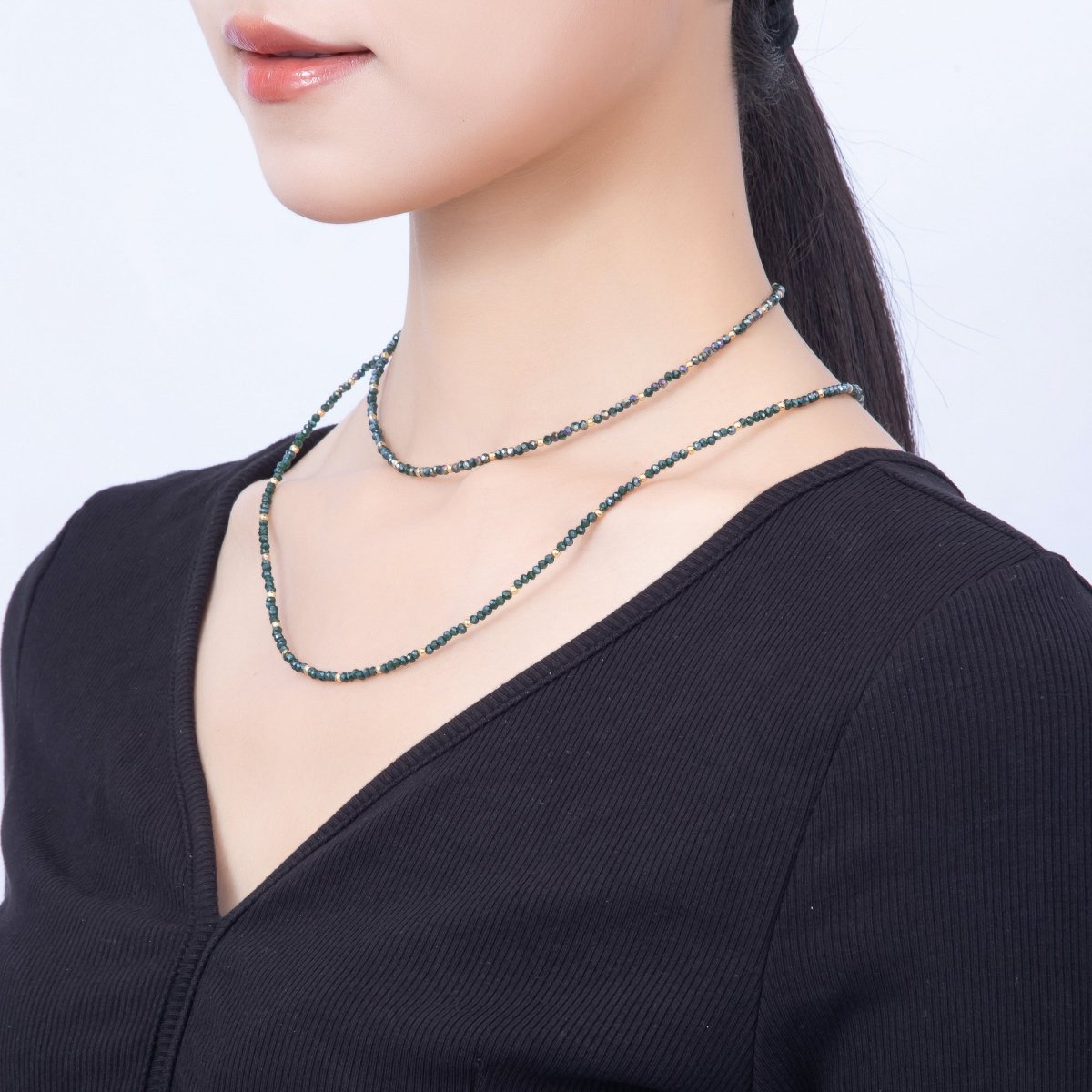 Stainless Steel Gold PVD 3mm Multifaceted Bead Crystal Gemstone Chain 34 Inch Necklace | WA-00029 ~ WA-00069 - DLUXCA