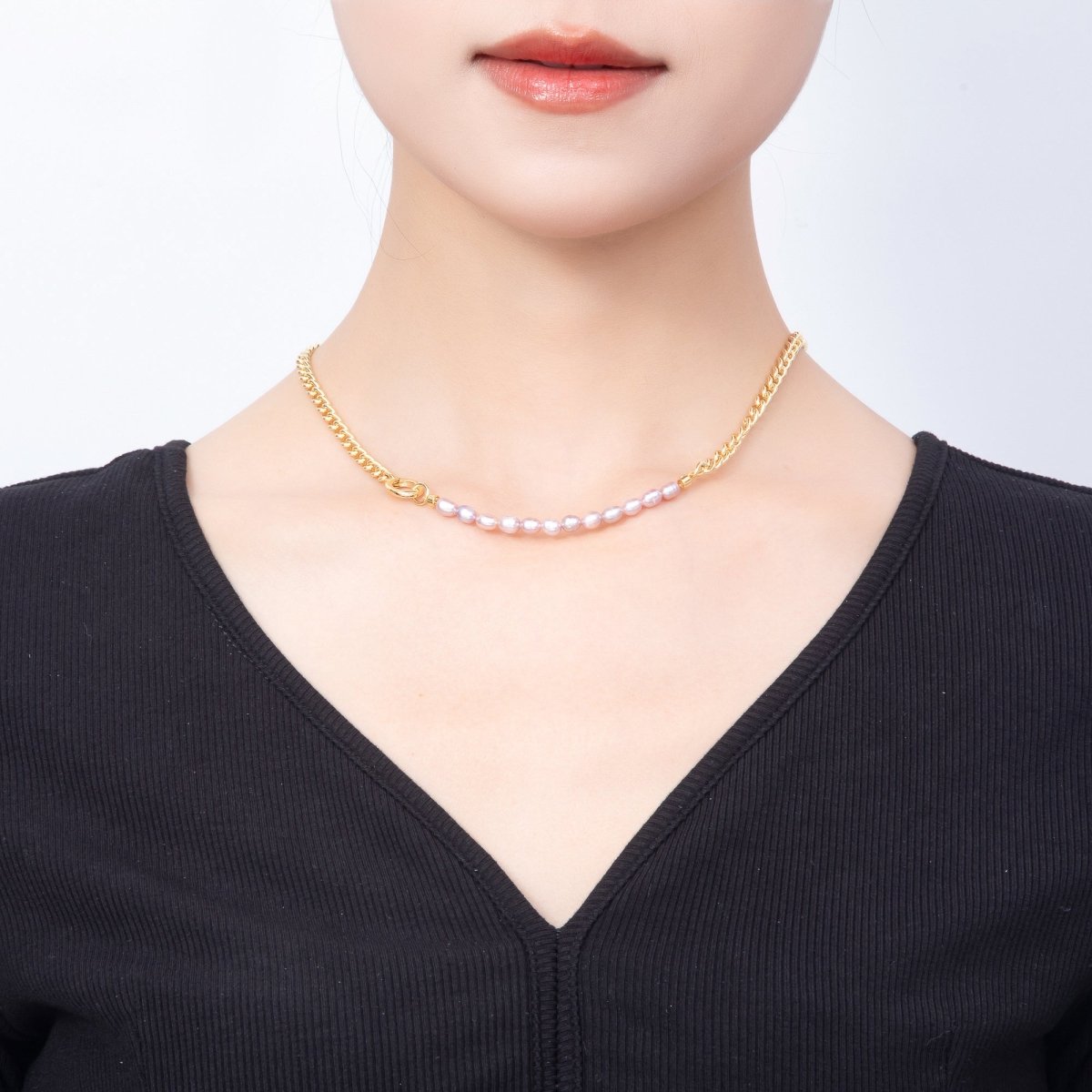 Stainless Steel Gold PVD 3mm Purple Freshwater Pearl Curb Chain 17 Inch Necklace w. Push Gate | WA-00174 - DLUXCA