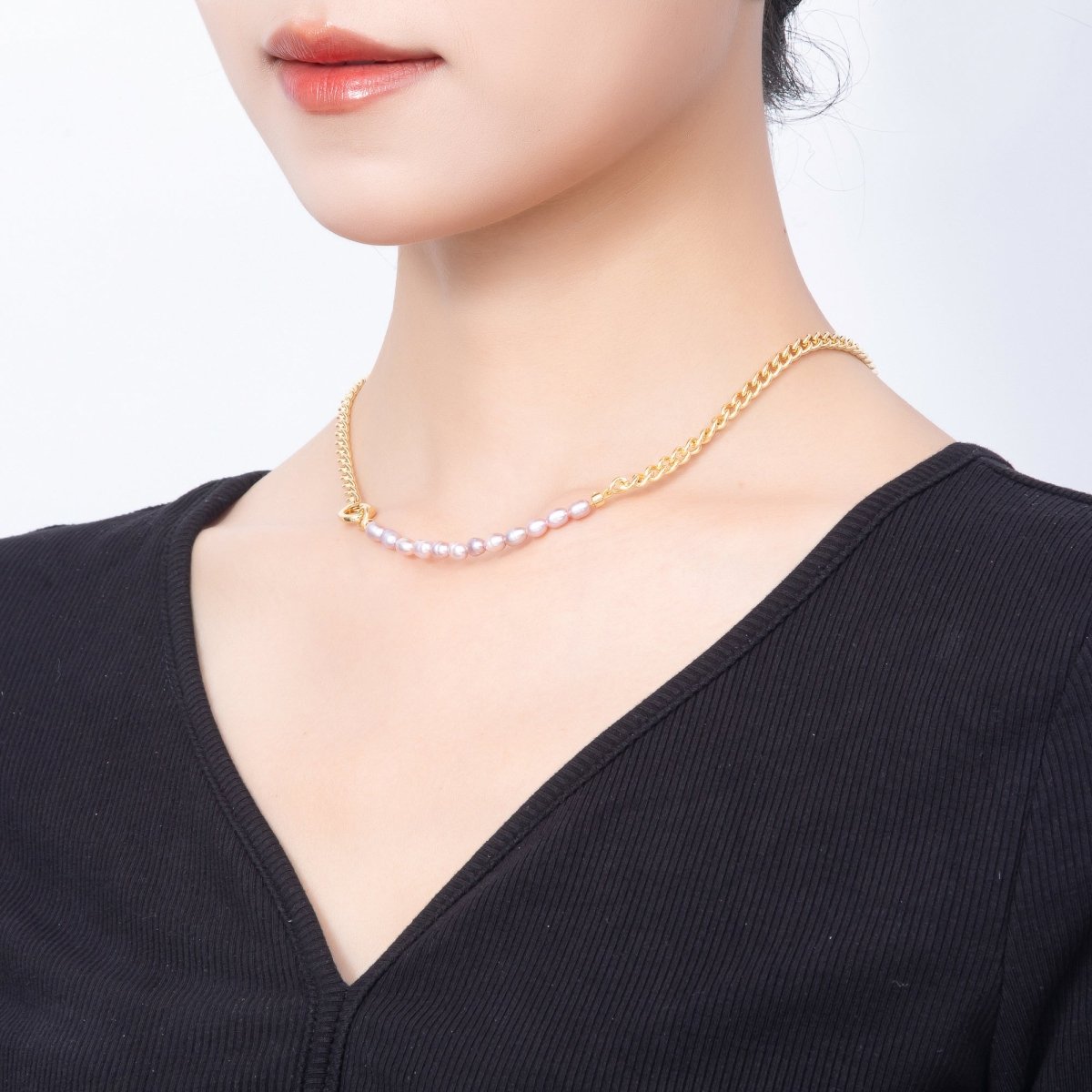 Stainless Steel Gold PVD 3mm Purple Freshwater Pearl Curb Chain 17 Inch Necklace w. Push Gate | WA-00174 - DLUXCA