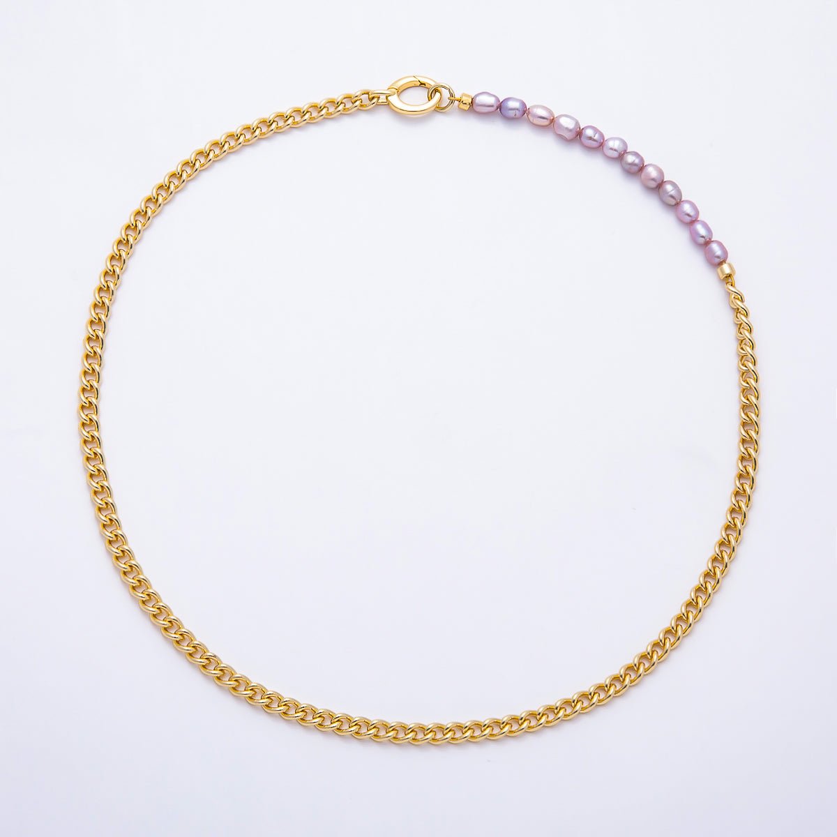 Stainless Steel Gold PVD 3mm Purple Freshwater Pearl Curb Chain 17 Inch Necklace w. Push Gate | WA-00174 - DLUXCA